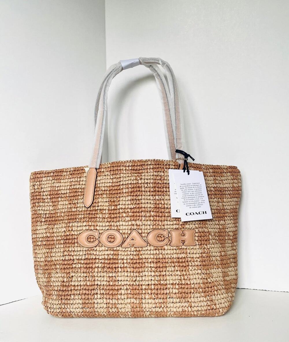 Coach City Tote CES22 Large Tan Gingham Woven Straw Bag